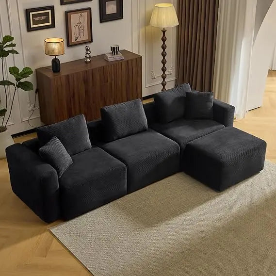 Contemporary L-Shaped Corduroy Sectional Sofa with Ottoman
