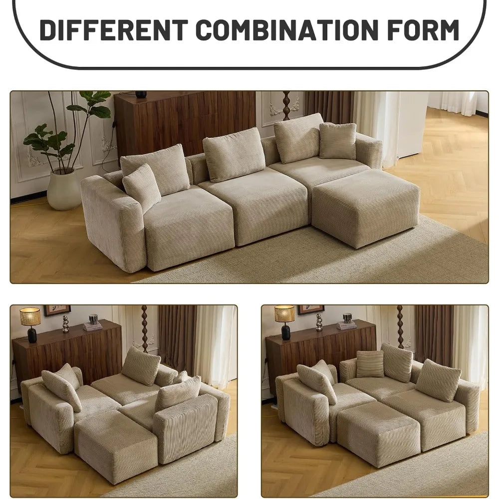 Contemporary L-Shaped Corduroy Sectional Sofa with Ottoman
