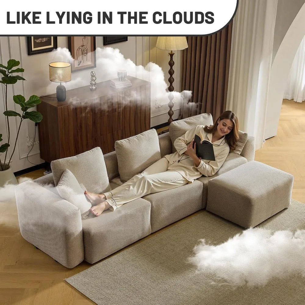 Contemporary L-Shaped Corduroy Sectional Sofa with Ottoman