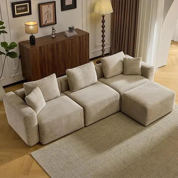 Contemporary L-Shaped Corduroy Sectional Sofa with Ottoman