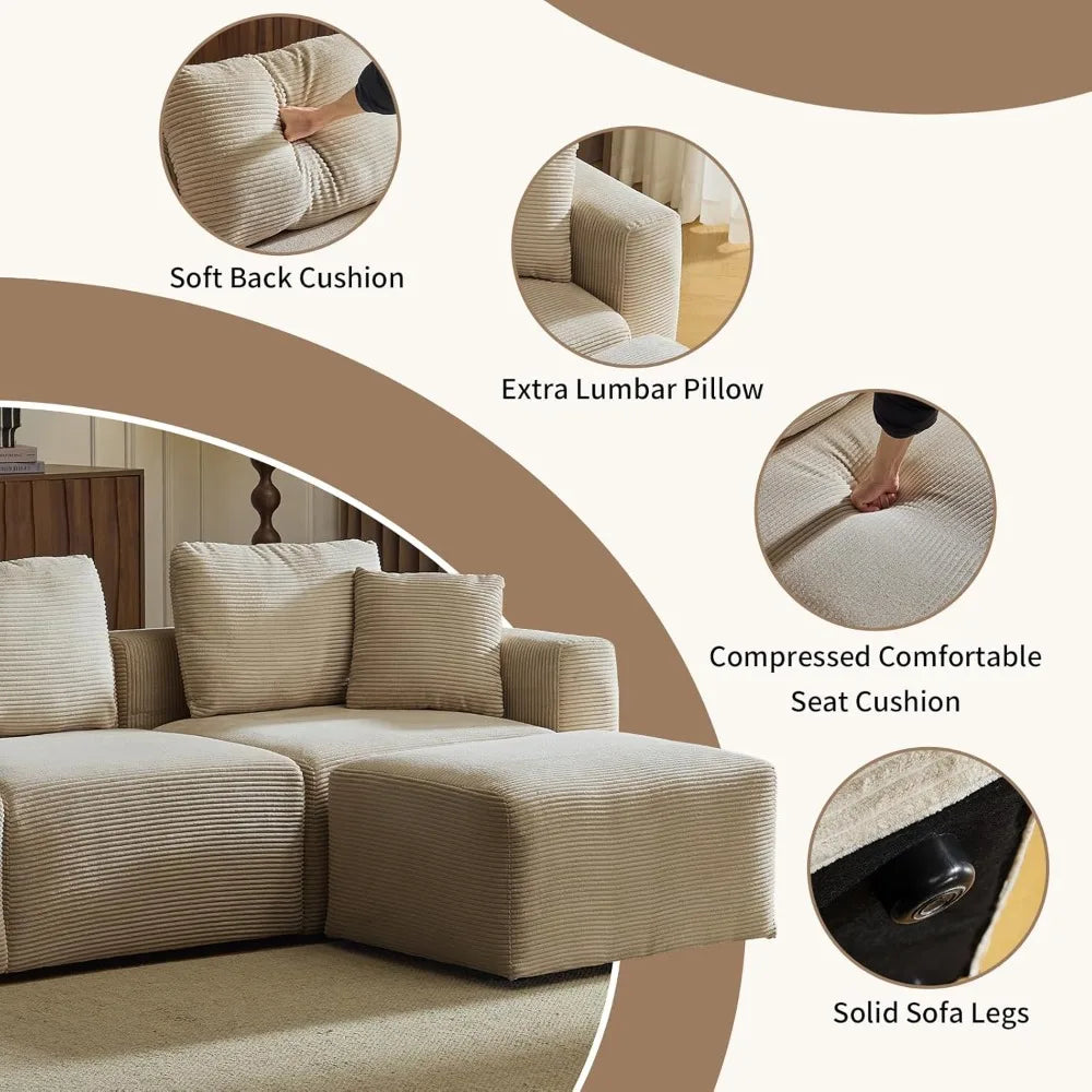 Contemporary L-Shaped Corduroy Sectional Sofa with Ottoman