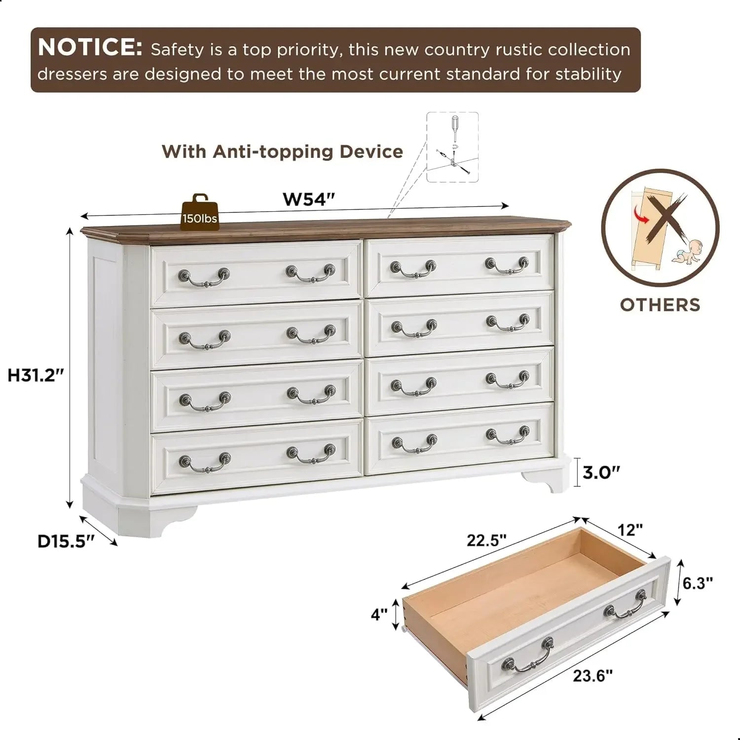 54" Wide Wood Rustic Chest of Drawers