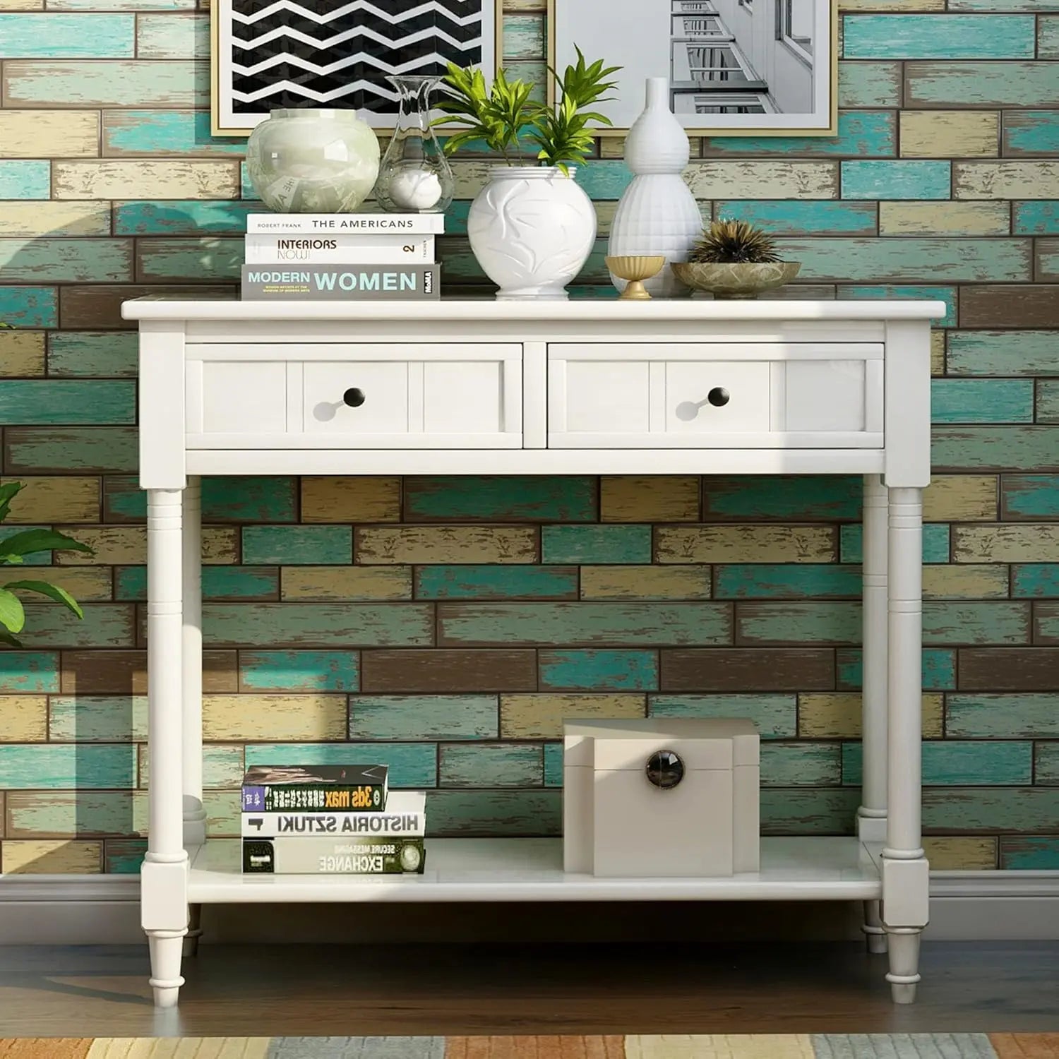 Wooden Console Table with Two Drawers and Bottom Shelf