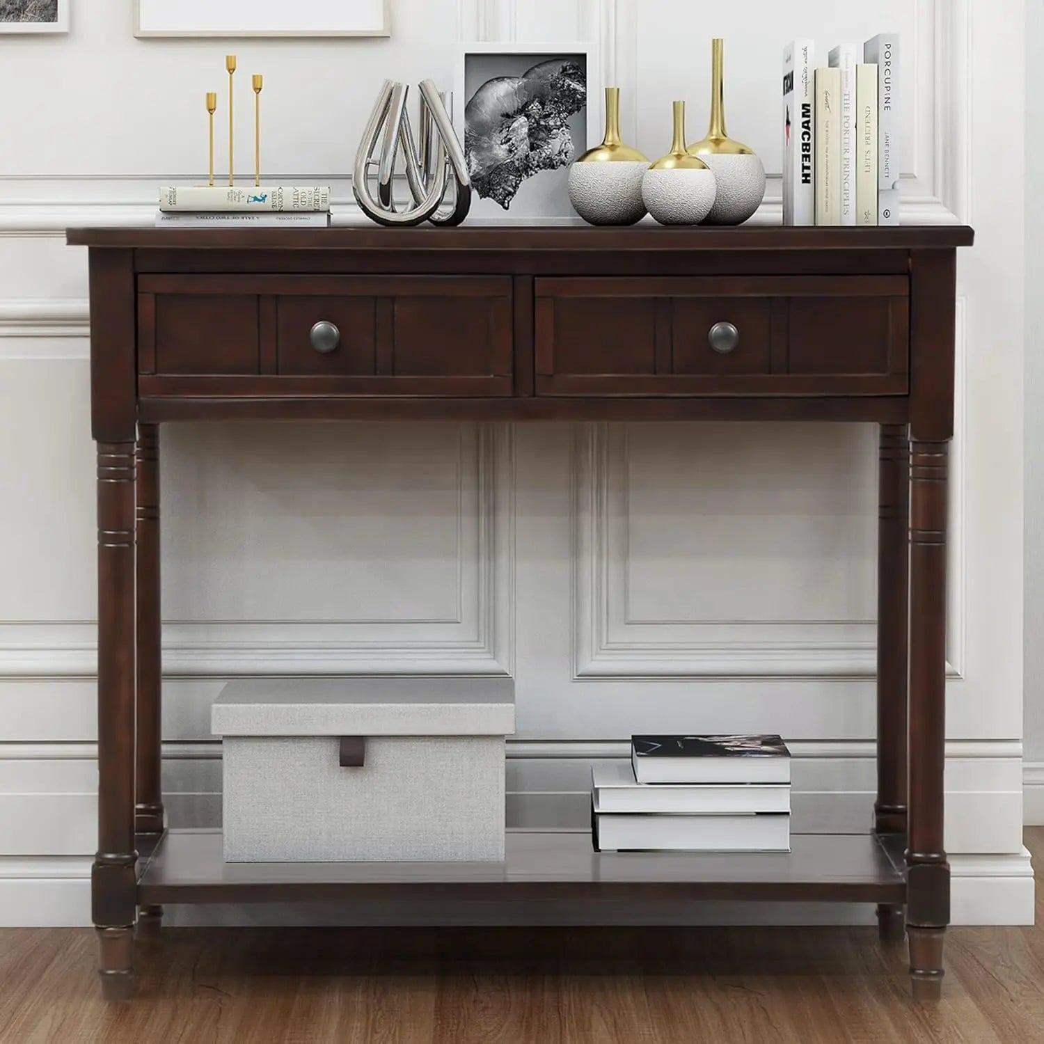 Wooden Console Table with Two Drawers and Bottom Shelf