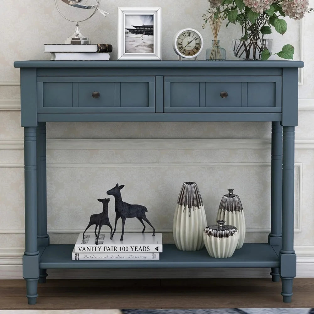 Wooden Console Table with Two Drawers and Bottom Shelf