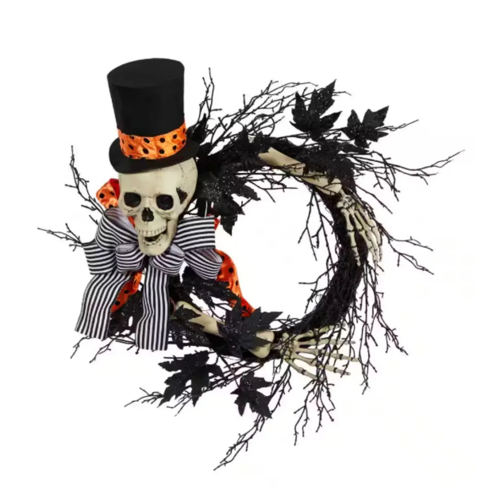 26 in. Black Dapper Skeleton Halloween Wreath
