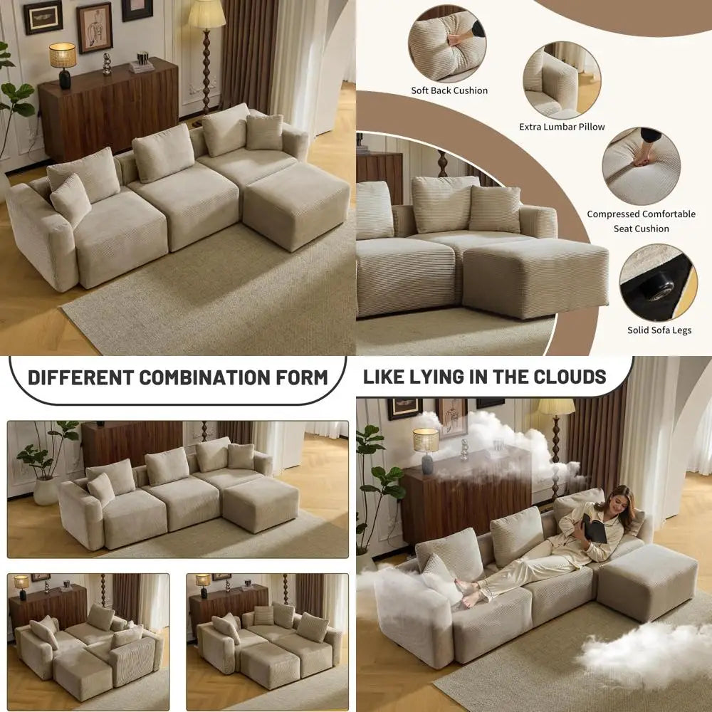 Contemporary L-Shaped Corduroy Sectional Sofa with Ottoman
