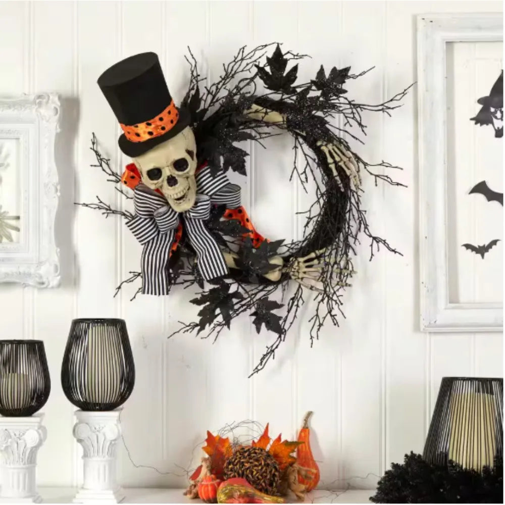 26 in. Black Dapper Skeleton Halloween Wreath