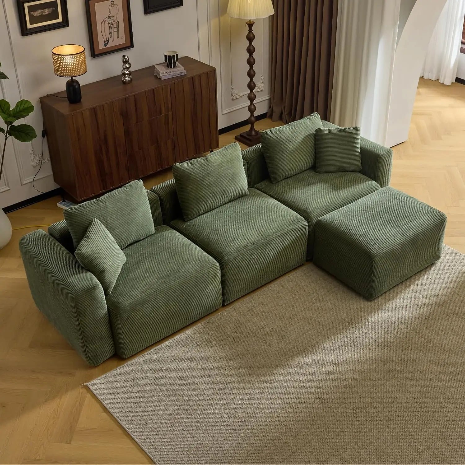 Contemporary L-Shaped Corduroy Sectional Sofa with Ottoman