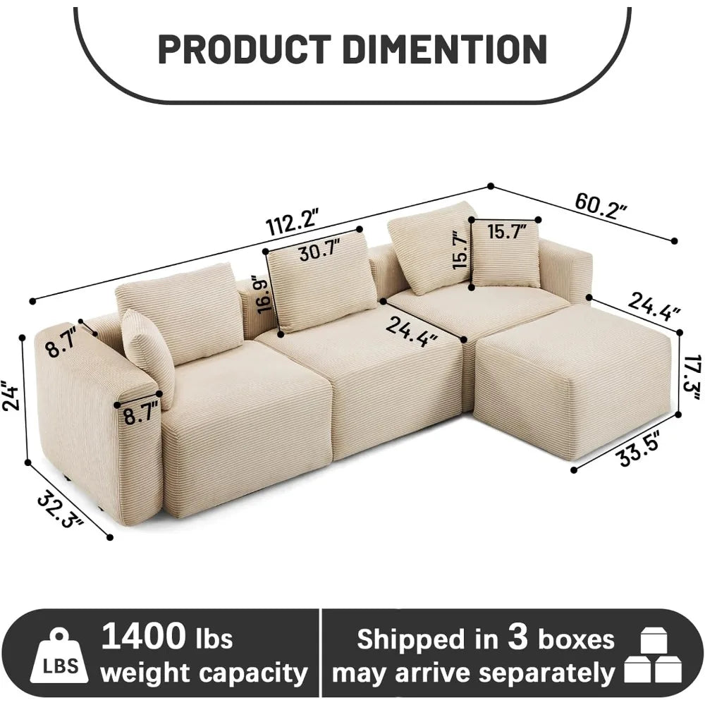 Contemporary L-Shaped Corduroy Sectional Sofa with Ottoman