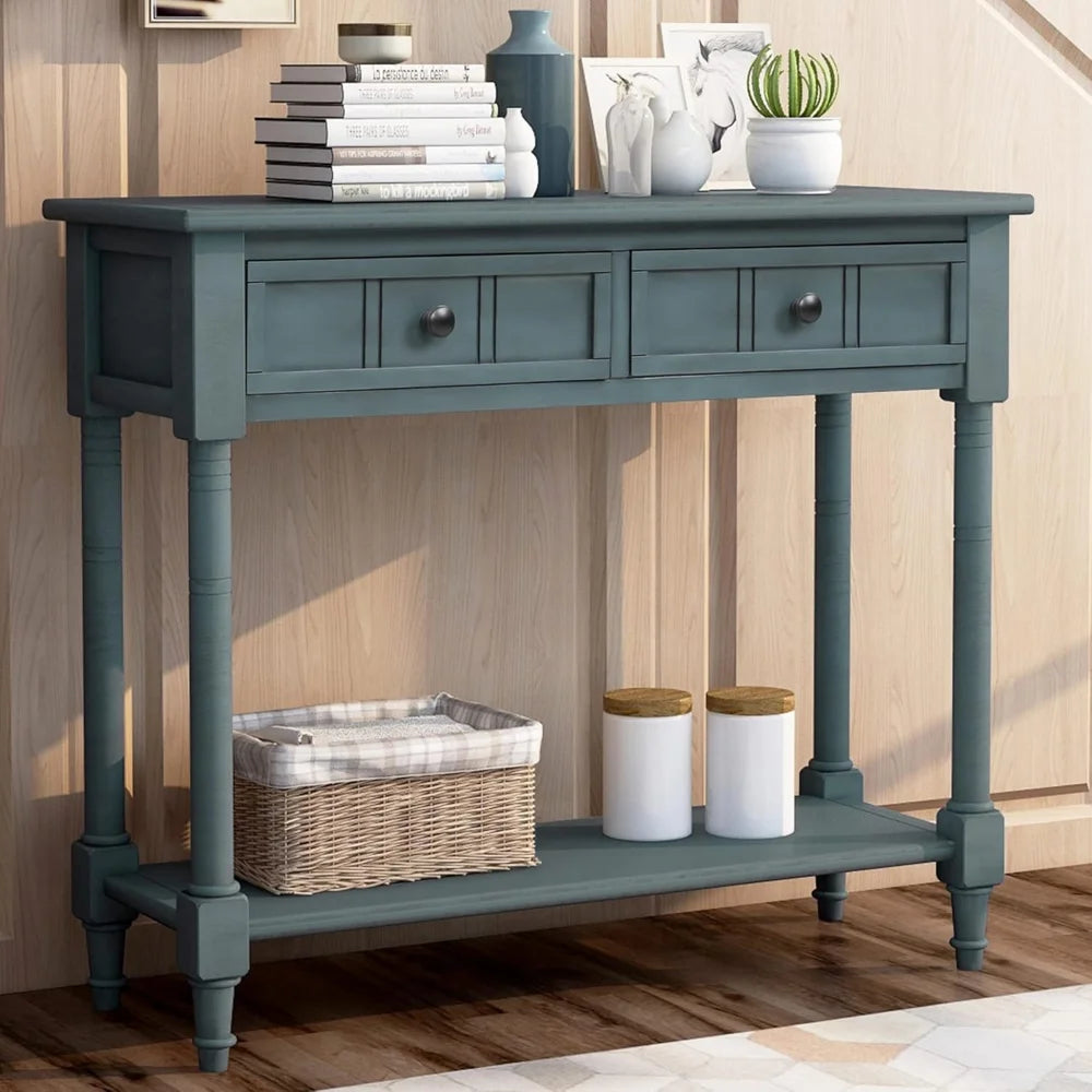 Wooden Console Table with Two Drawers and Bottom Shelf