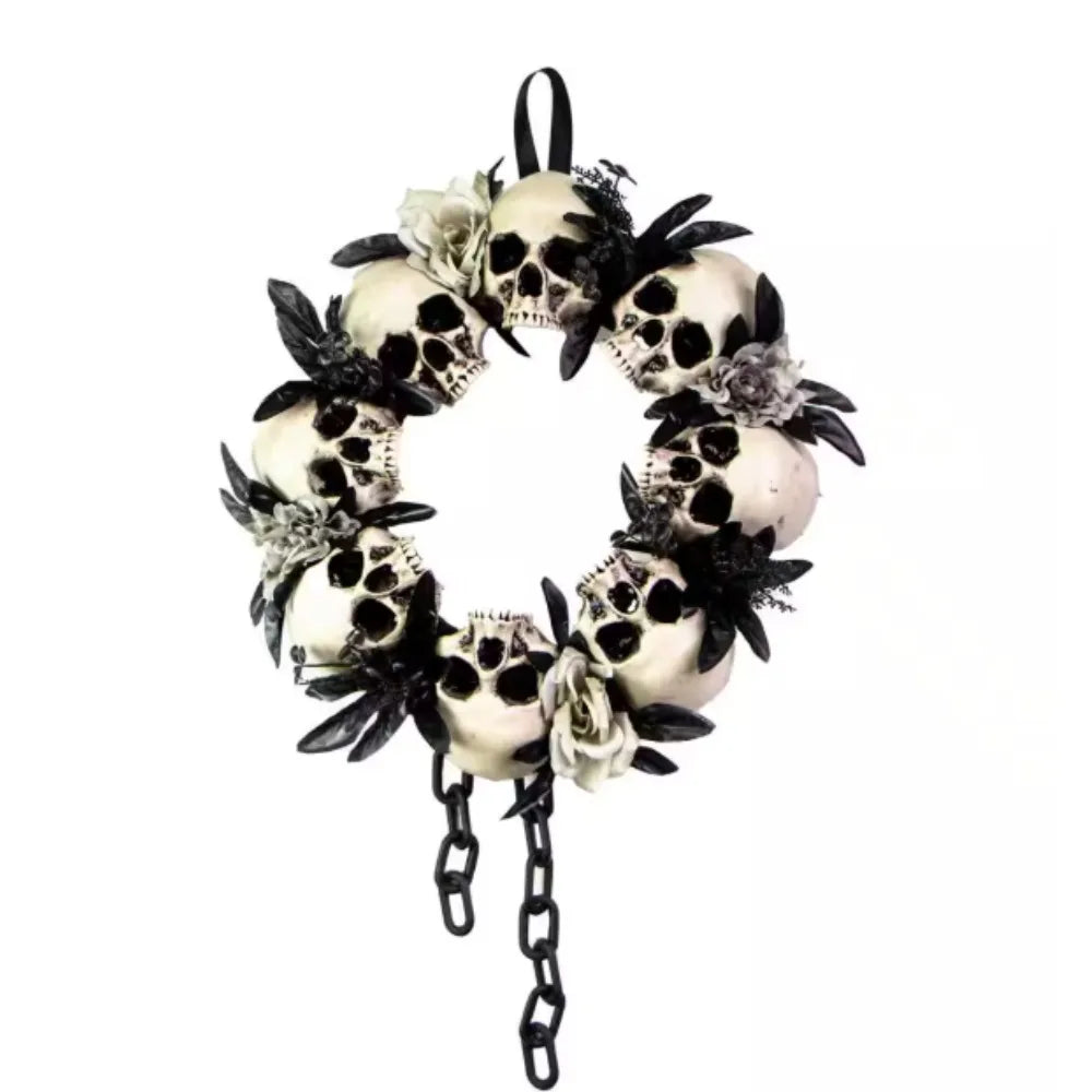 White-Black-Gray Skulls and Chains, Halloween Wreath Decoration，floral accents and dangling chains decorate the entire wreath.