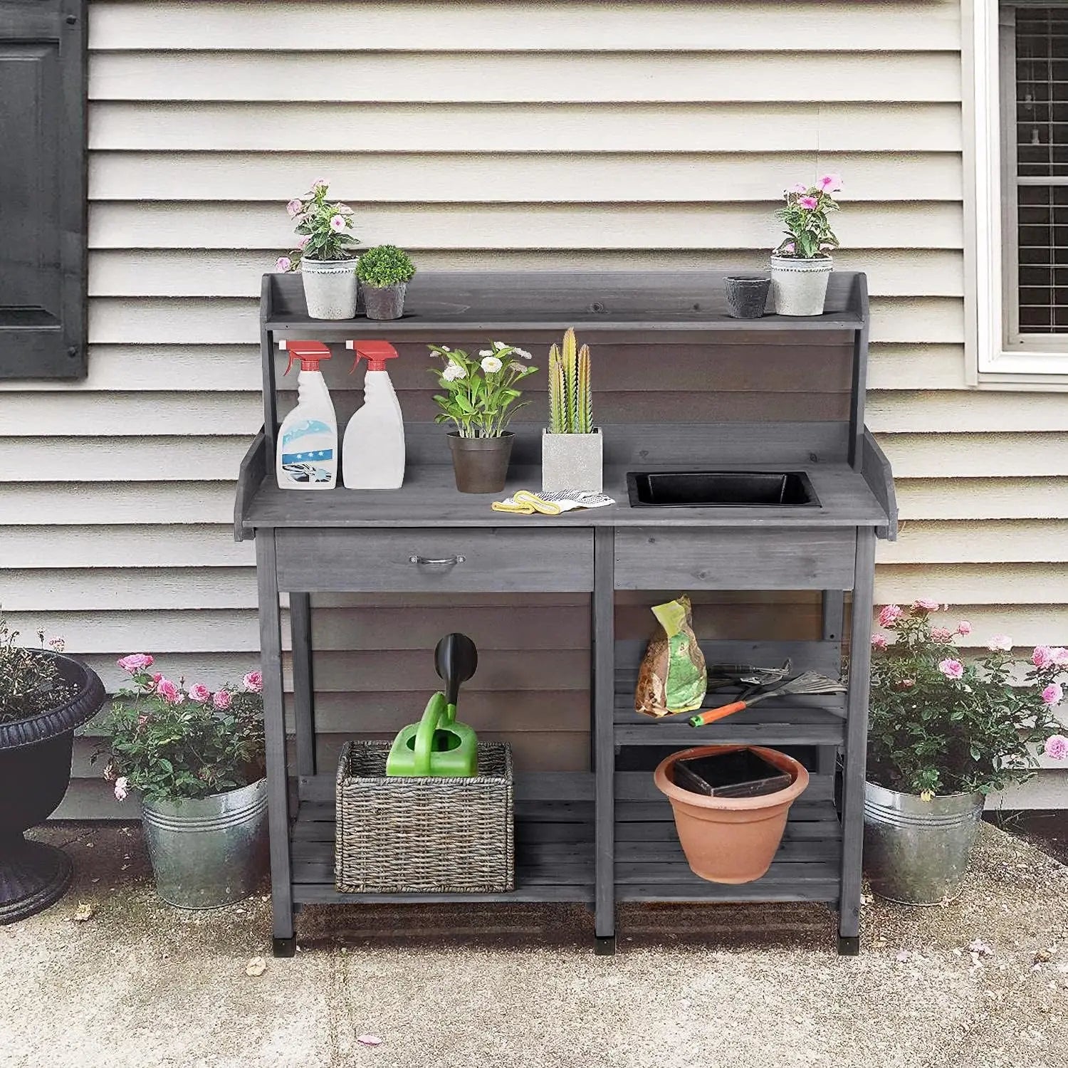 Outdoor Potting Bench Table - Gray