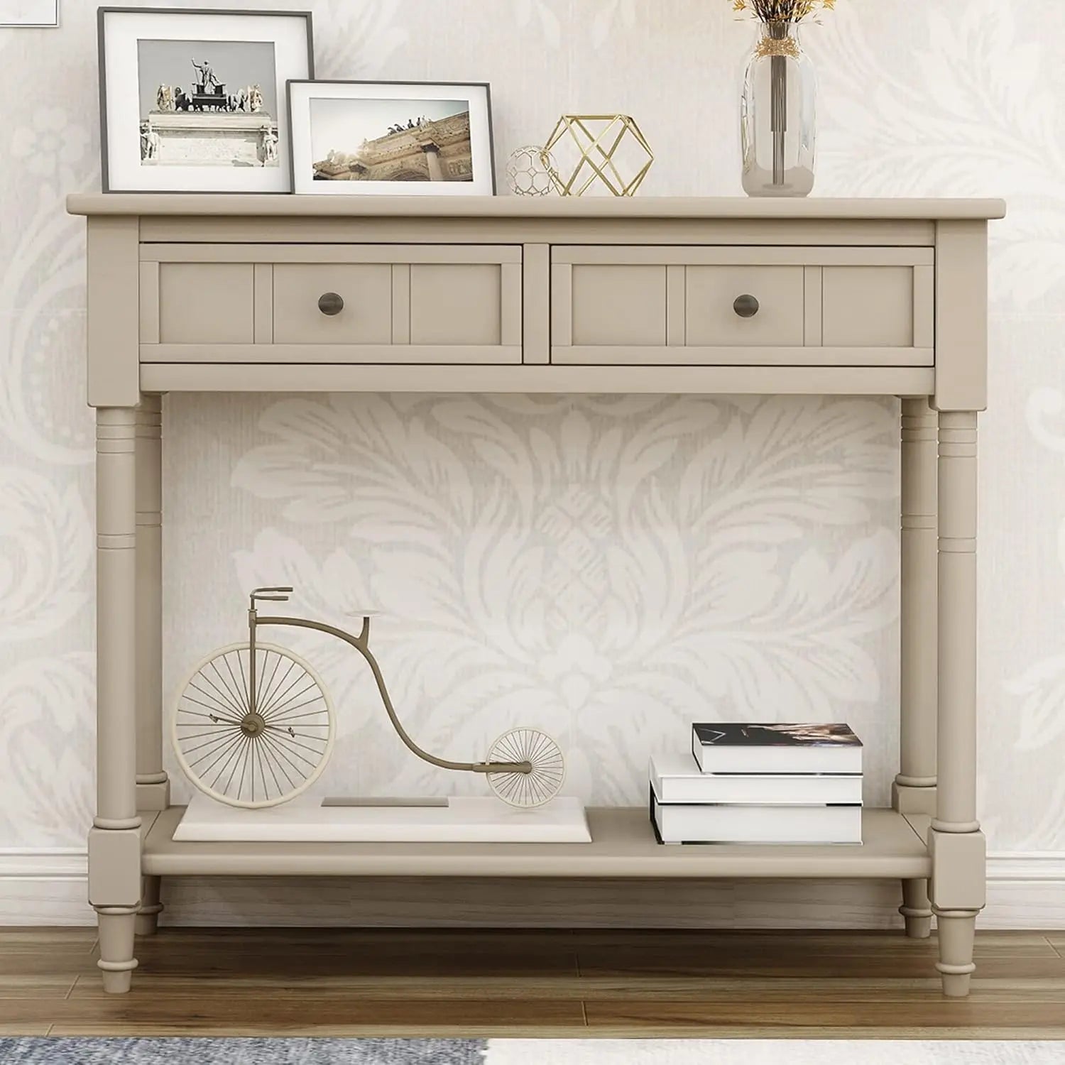 Wooden Console Table with Two Drawers and Bottom Shelf