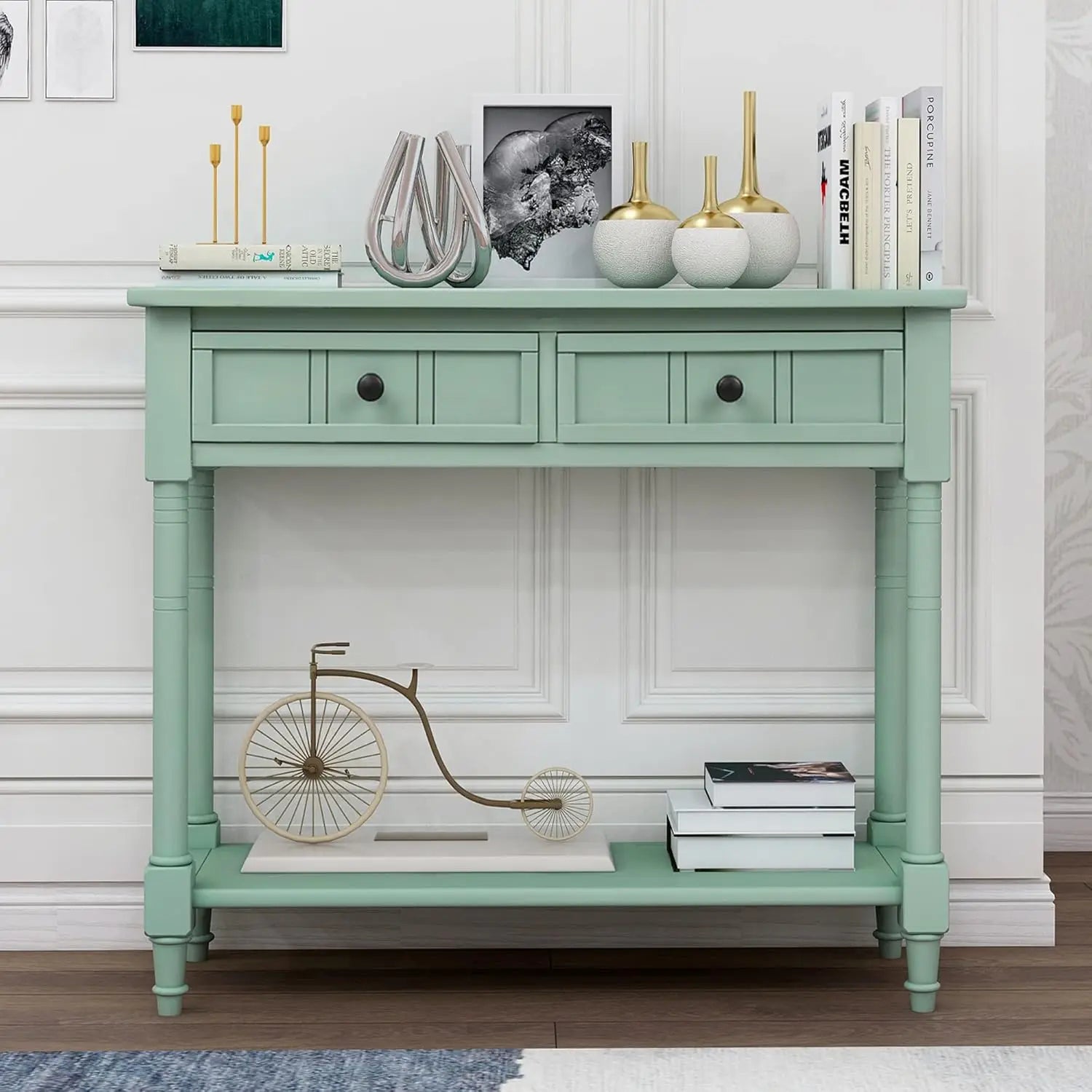 Wooden Console Table with Two Drawers and Bottom Shelf
