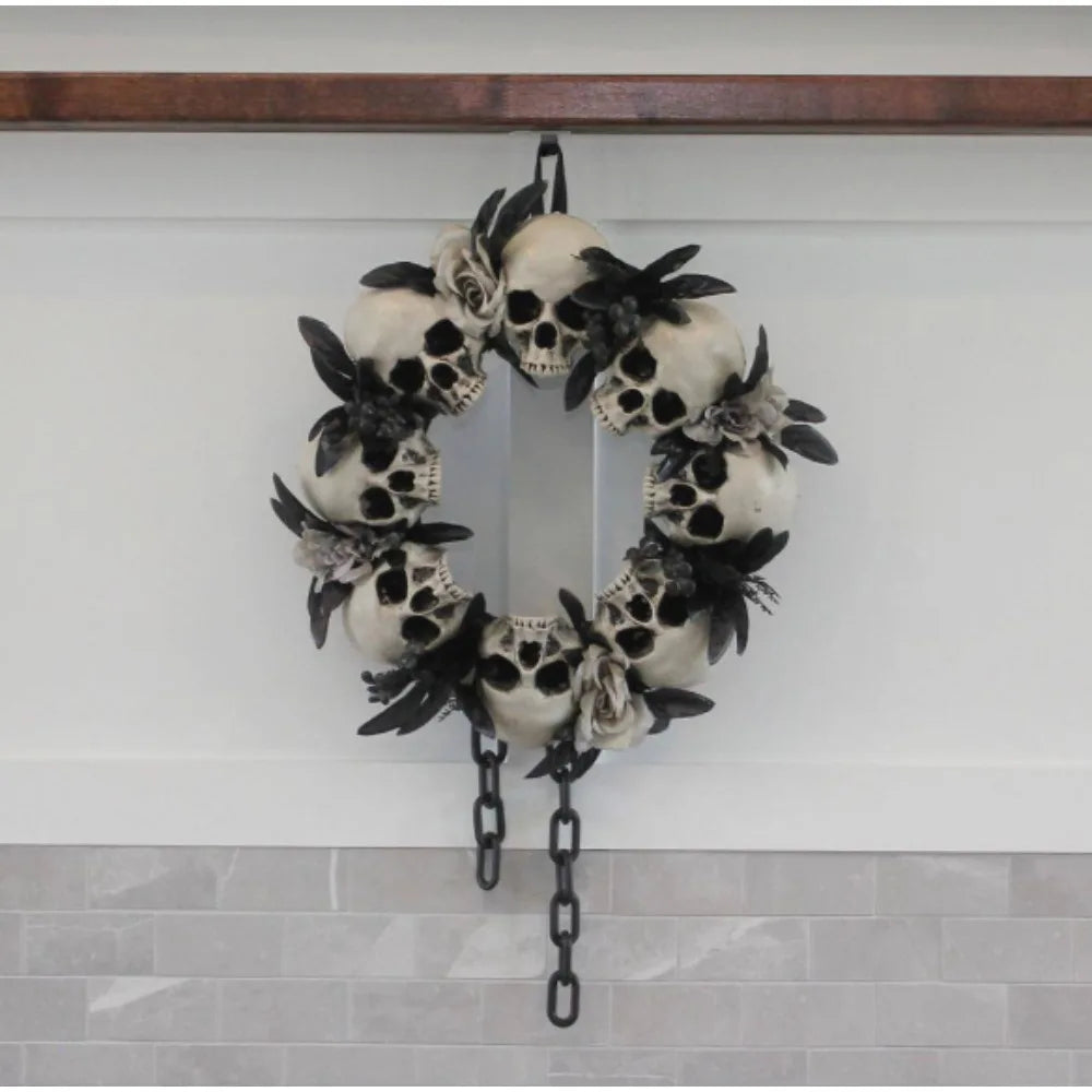 White-Black-Gray Skulls and Chains, Halloween Wreath Decoration，floral accents and dangling chains decorate the entire wreath.